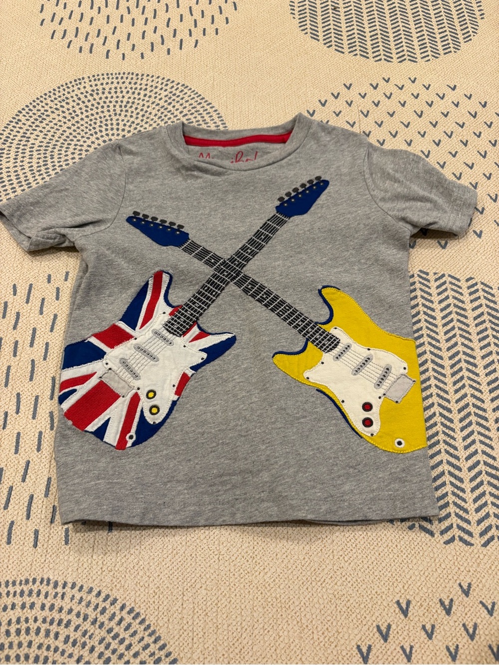 Mini Boden Grey Tee with Union Jack and Yellow Guitars size 3-4